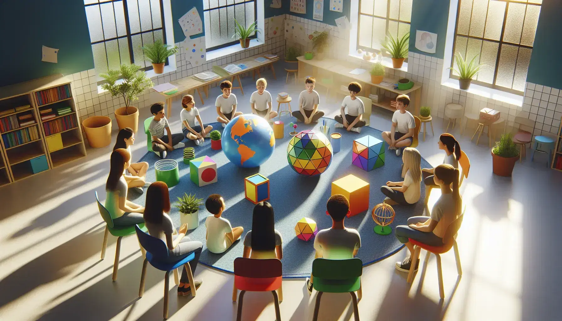Studenti seduti in cerchio su sedie colorate in aula luminosa con oggetti didattici al centro, tra cui un globo e solidi geometrici.
