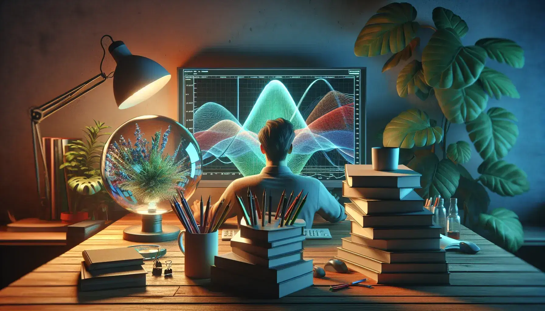 Person engaged in mathematical modeling on a computer with a graph, surrounded by a glass paperweight, stationery, books, and a potted plant on the desk.