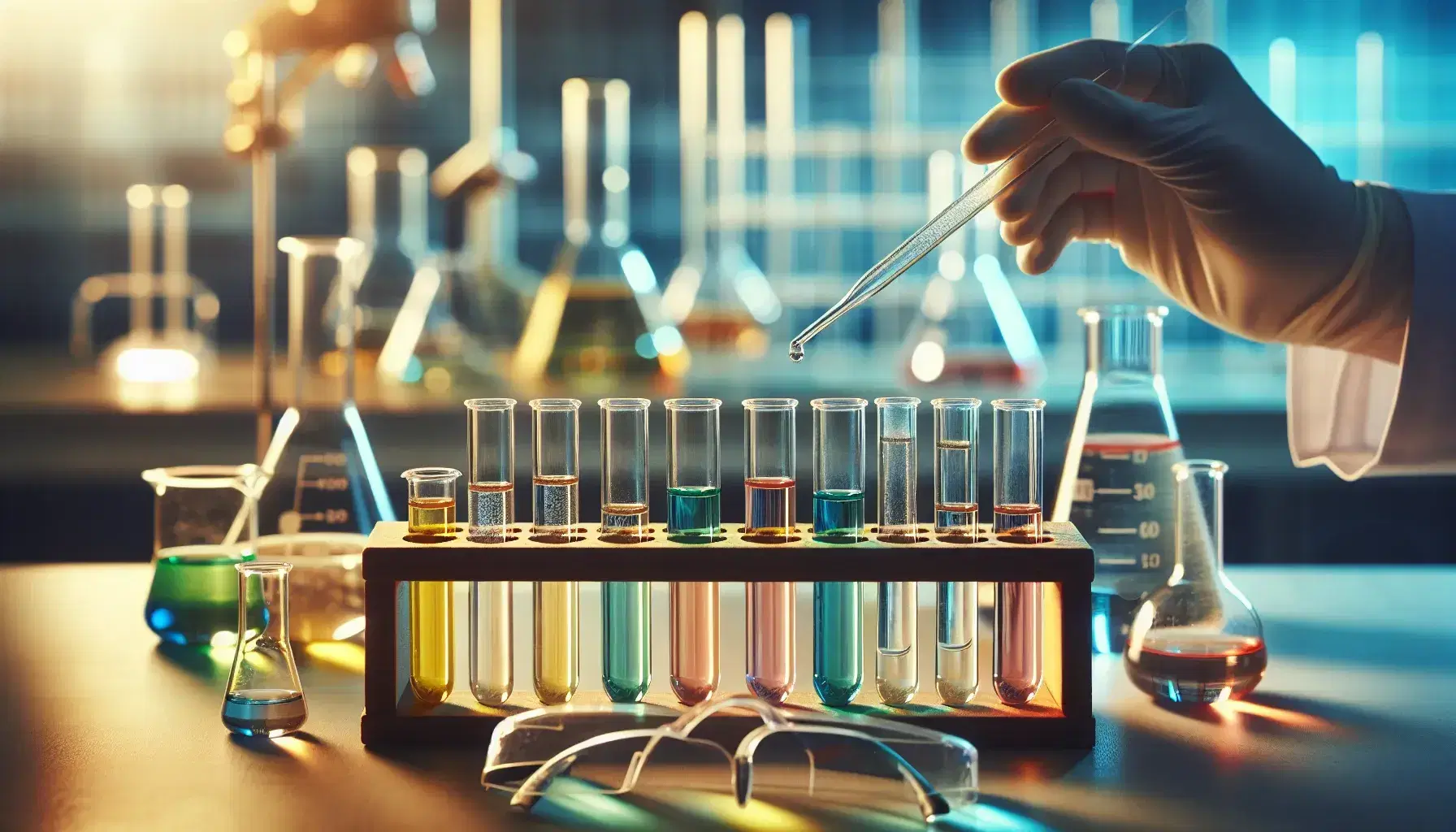 Chemical laboratory with colored test tubes on wooden rack, gloved hands use pipette, safety glasses in foreground.