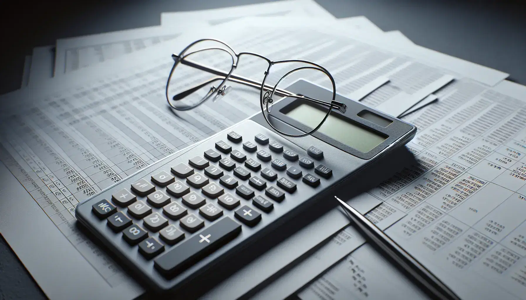 Close-up view of a calculator, round-framed glasses, and a stack of financial papers on a dark surface, highlighting accounting work.