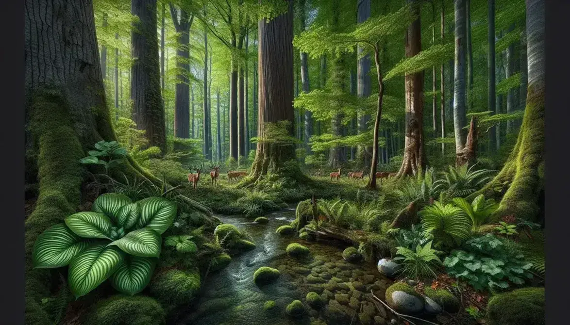 Lush green forest with broad leaves, tree trunks, filtered sunlight, clear stream, stones and grazing deer.