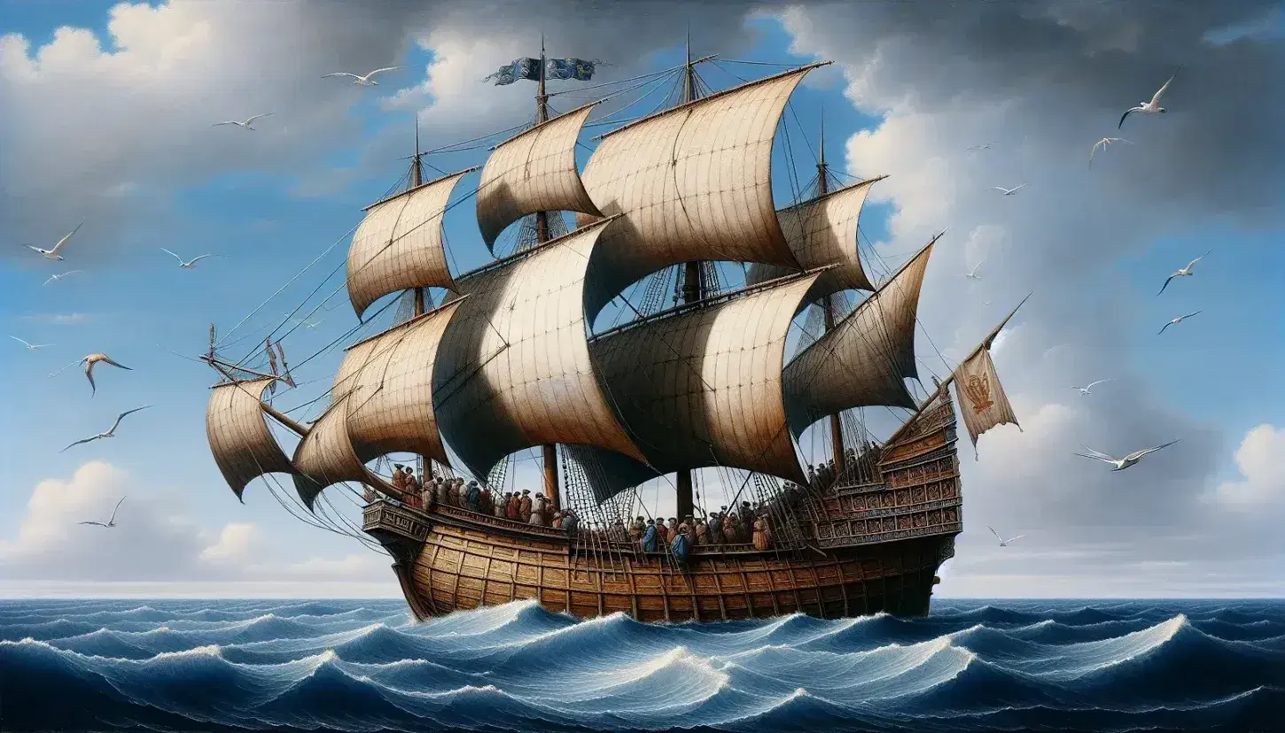 Caravella del XV secolo naviga in mare aperto con vele quadre, cielo azzurro e gabbiani, riflessi argentei sulle onde.