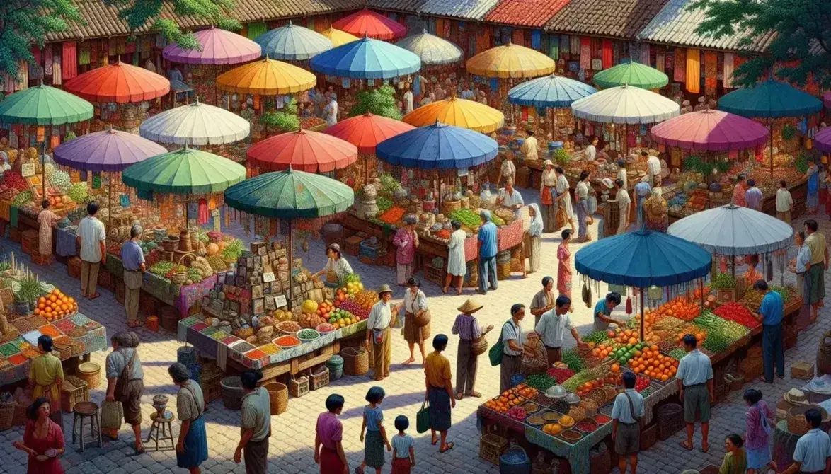 Vibrant outdoor marketplace with colorful canopies, diverse shoppers, and stalls selling fruits, vegetables, crafts, and spices on a sunny day.