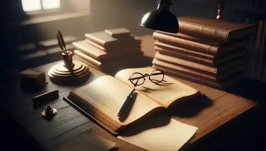 Wooden desk with open book, round glasses, fountain pen and paper, under soft light, background of shelves with books.