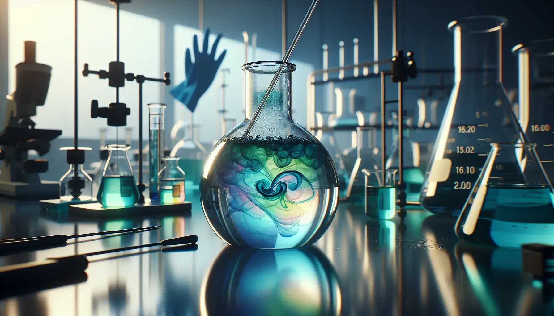 Round glass bottle on reflective laboratory bench with blue and green colored liquids, stirring rod, safety glasses and blue nitrile gloves.