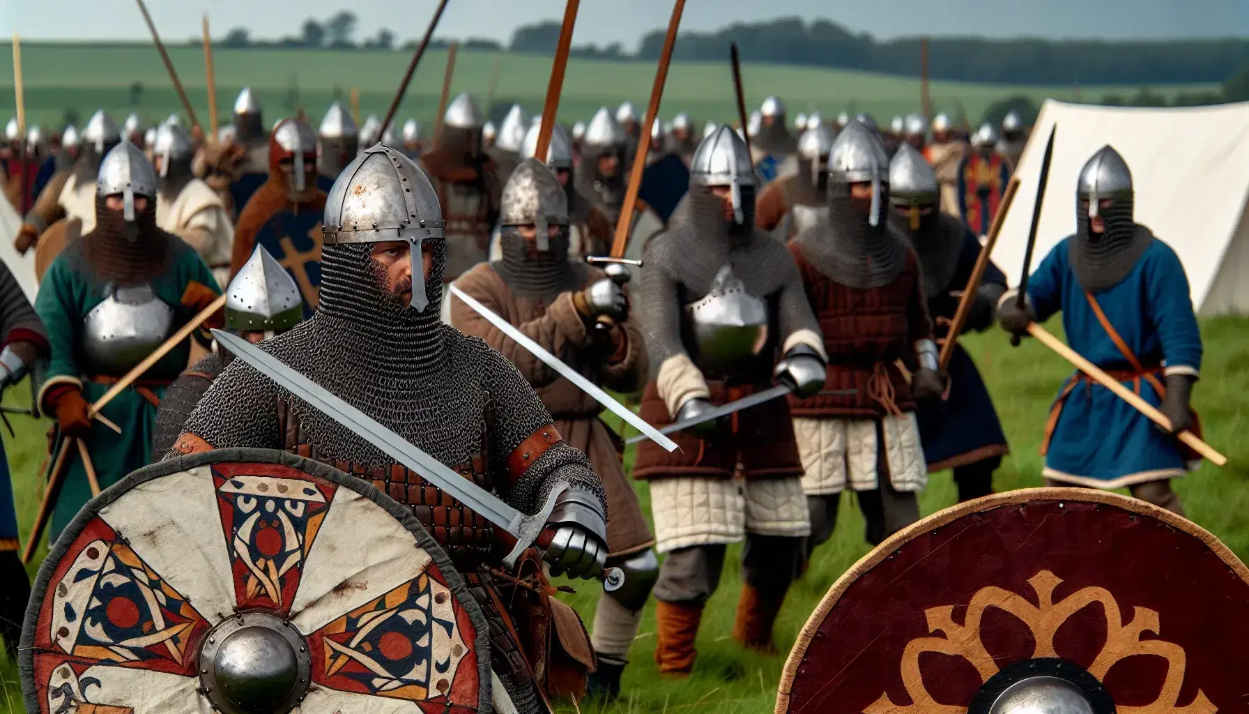 Rievocazione storica della Battaglia di Hastings con figuranti in armature medievali, scudi colorati e spade, su prato verde con cielo nuvoloso.