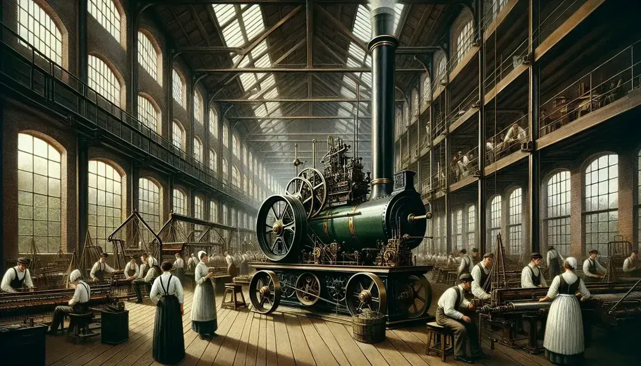 19th-century European industrial factory floor with operational steam engine, busy workers at looms, red brick walls, and natural light from large windows.