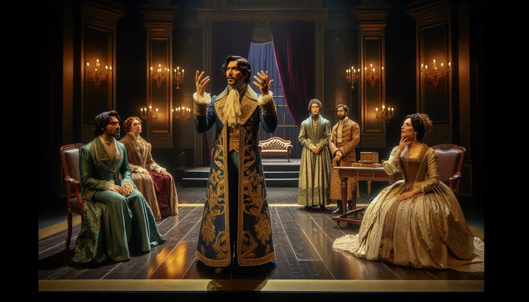 Attore sudasiatico in costume d'epoca dorato e blu drammatizza su palco teatrale, affiancato da due attori attenti, con attrice mediorientale sorpresa sullo sfondo.