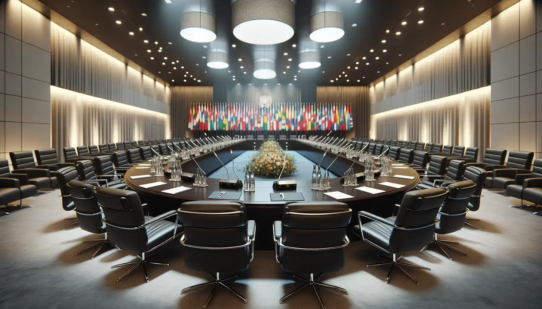 Sala de conferencias internacional iluminada con mesa ovalada de madera, sillas de cuero negro, micrófonos y banderas de distintos países.