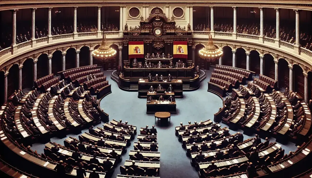 Interior view of the Spanish Congress of Deputies during a session, showcasing the hemicycle layout, rostrum with Spanish flags, and ornate ceiling.