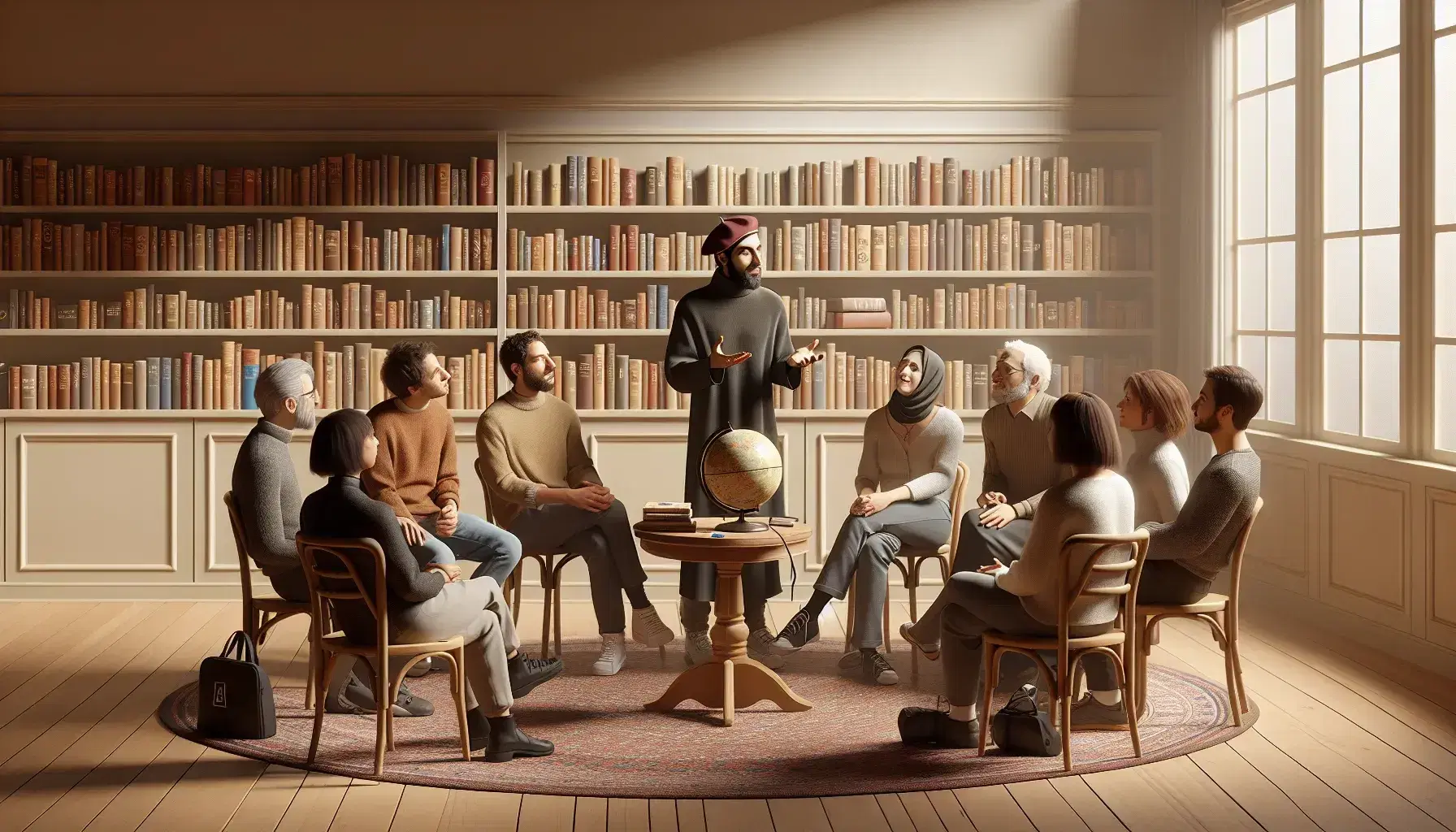 Diverse group engaged in a French language workshop, with a Middle-eastern instructor gesturing, surrounded by books, a globe, headphones, and a beret.