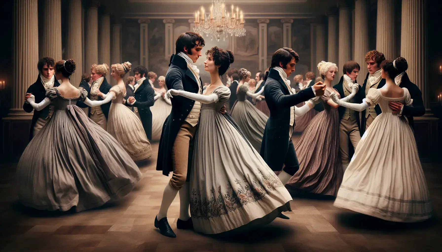 Regency-era ballroom with couples dancing, men in tailcoats, women in empire-line gowns, under crystal chandeliers, reflecting elegance and grandeur.