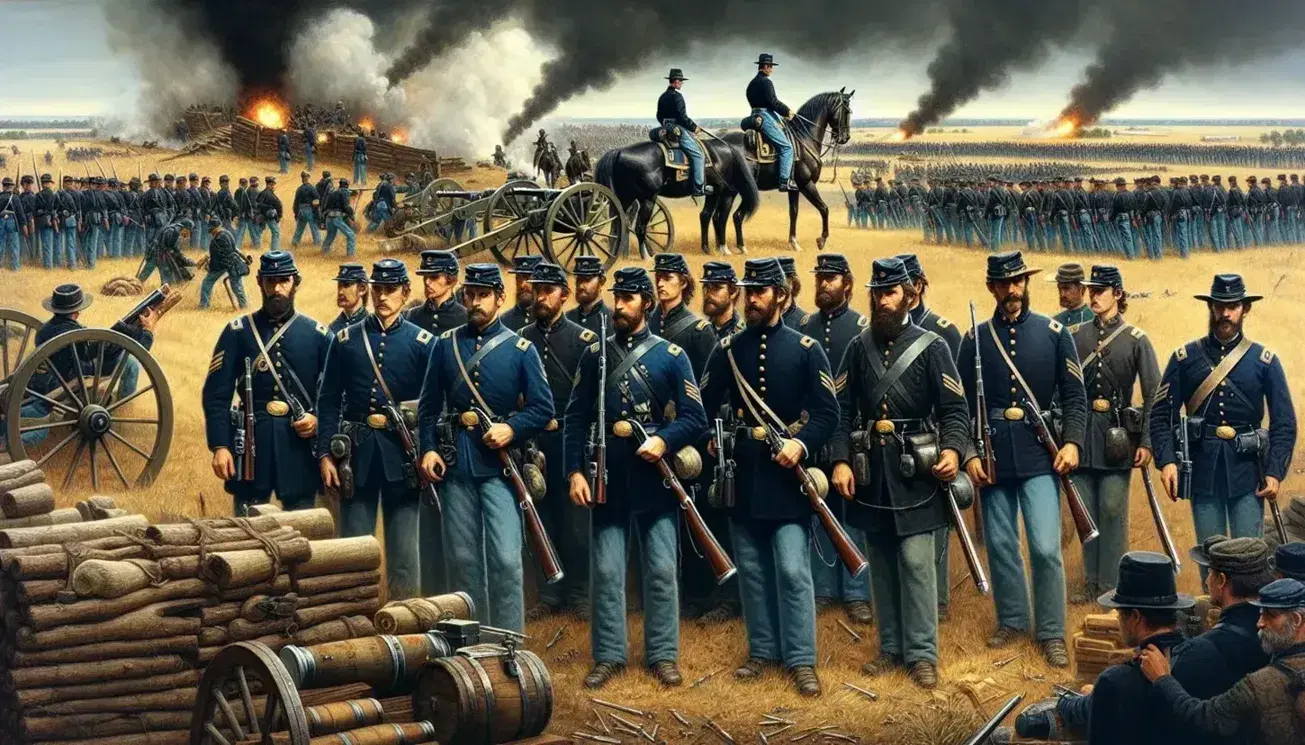 Mid-19th century American Civil War battlefield scene with Union soldiers lined up, an officer on horseback, artillery in action, and combat in the background.