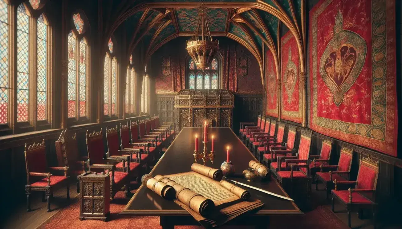 Sala medievale con tavolo in legno scuro, sedie in velluto rosso, arazzi, scrigno con pergamene e libro aperto su tavolo.