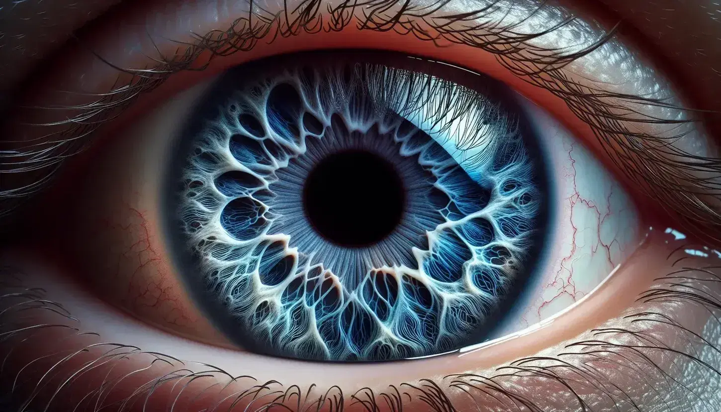Close-up view of a human eye with a deep blue iris, surrounded by a white sclera with fine red vessels, and dark, upward-curving eyelashes.