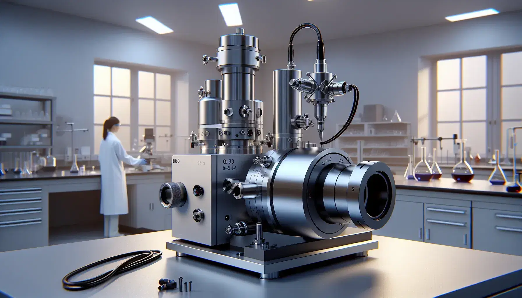 Close-up modern photoelectron spectrometer with black wires, scientist adjusts sample in LED illuminated laboratory.