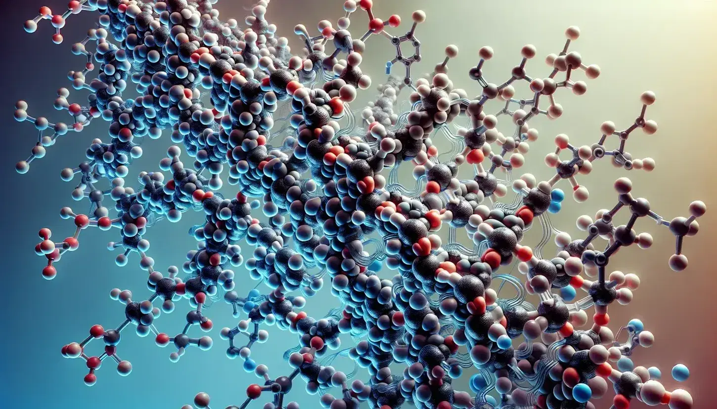 Three-dimensional molecular model of a peptide chain with atoms colored by type: black carbon, blue nitrogen, red oxygen, white hydrogen.