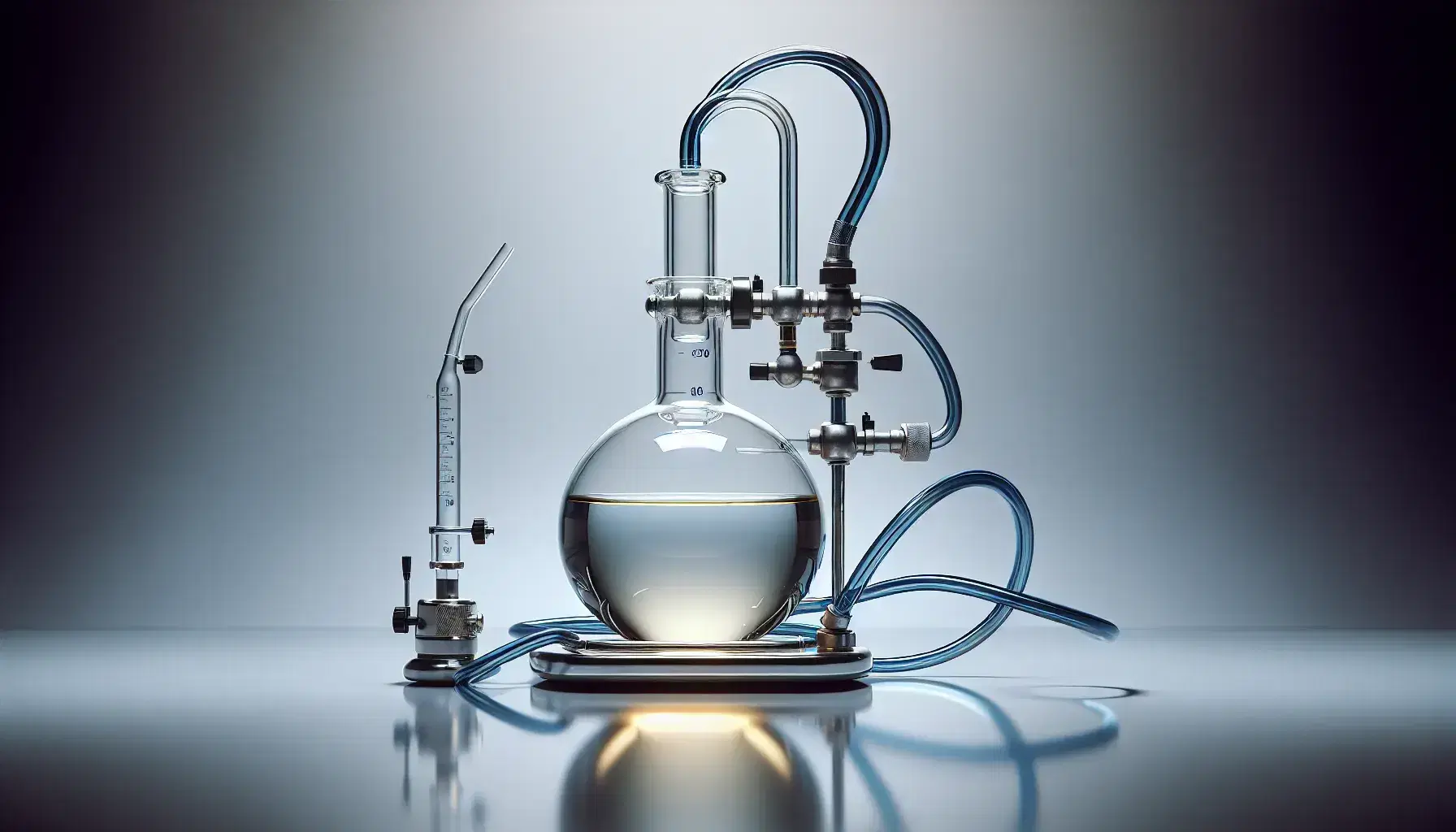Round glass bottle on reflective laboratory bench with pale yellow liquid, condenser with blue tubes and lit Bunsen burner.