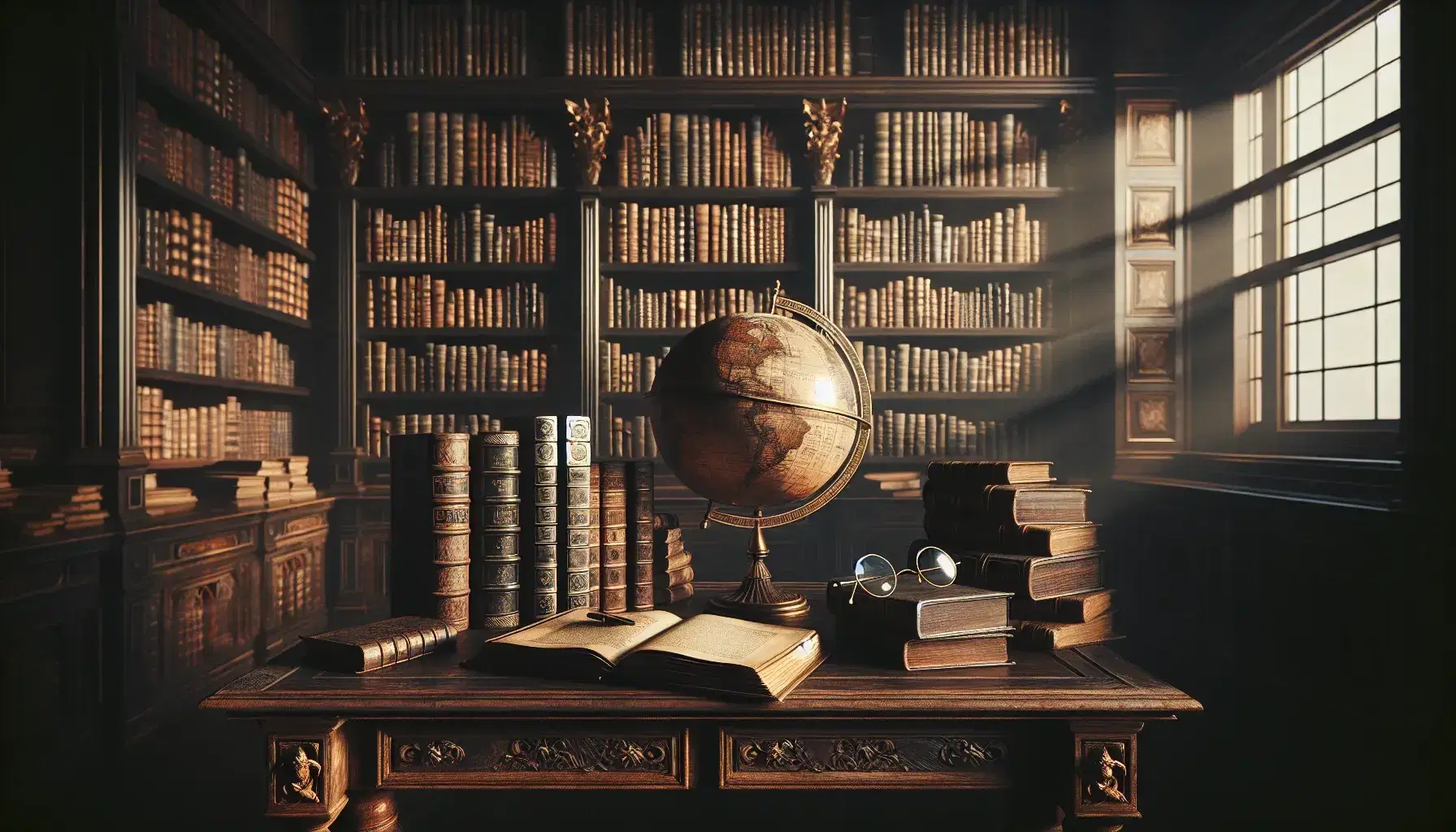 Biblioteca antigua con estanterías de madera oscura llenas de libros, mesa central con globo terráqueo y gafas redondas bajo luz natural.
