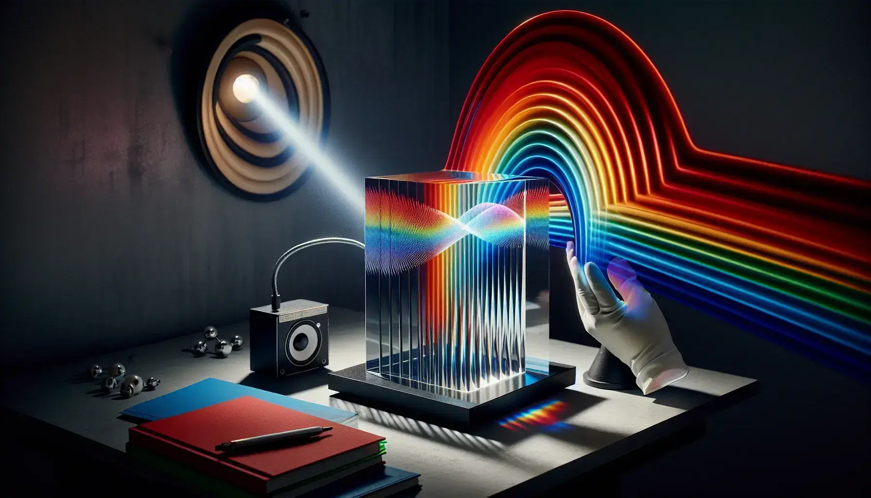 Laboratorio di fisica con prisma di vetro che disperde luce bianca in arcobaleno, libri colorati, altoparlante e magnete con limatura di ferro.