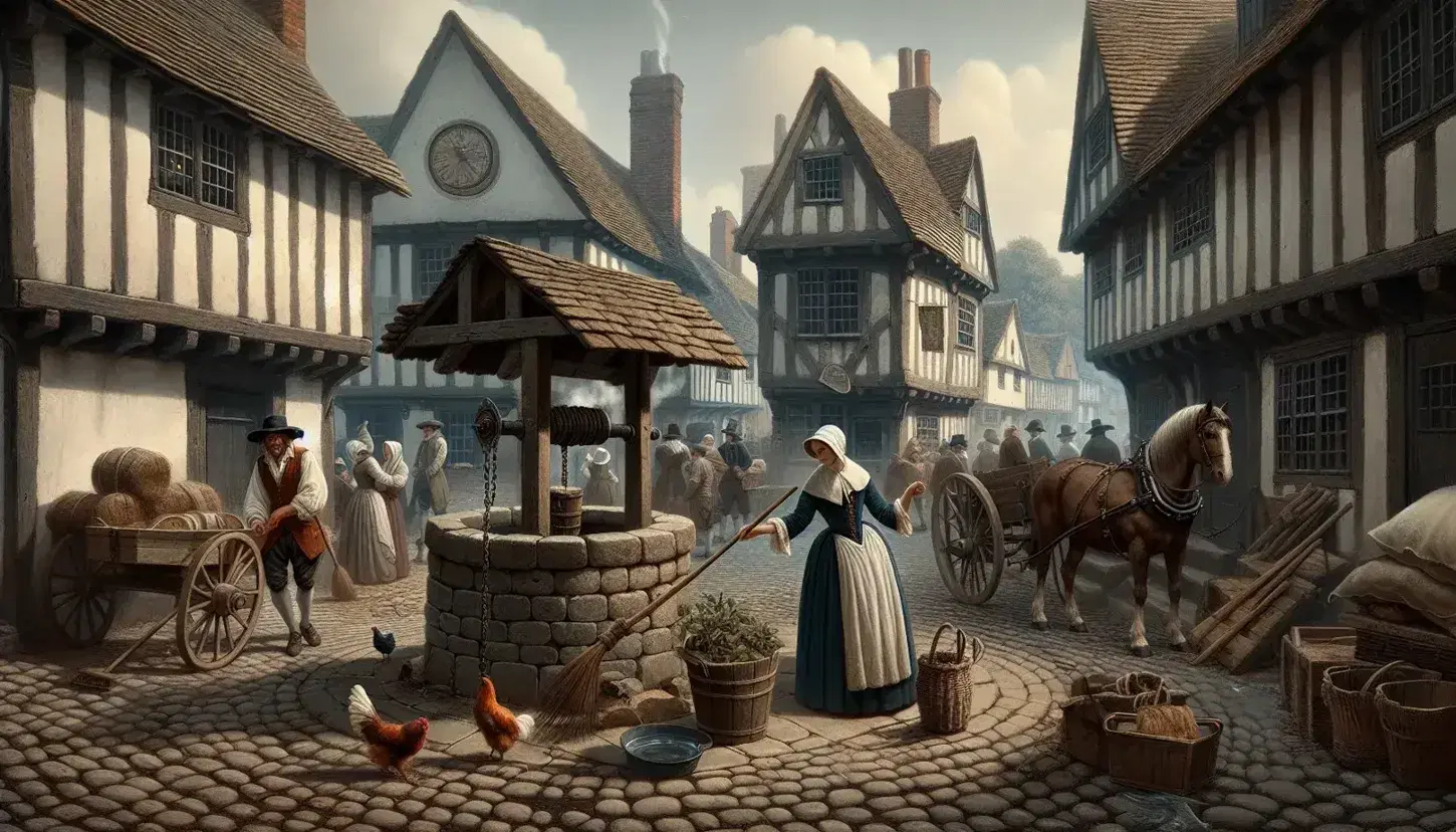 Early modern British street scene with a woman drawing water from a well, a man sweeping, horse-drawn cart, timber-framed houses, and daily activities.