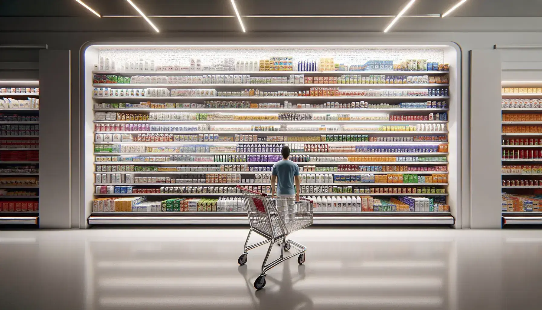 Estantes ordenados de supermercado con variedad de productos y carrito de compras vacío, persona de espaldas seleccionando artículos.