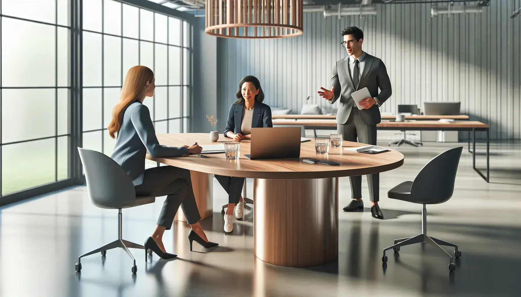 Diverse team collaborates in a modern office with a wooden table, laptop, and city view through a large window, promoting a professional atmosphere.
