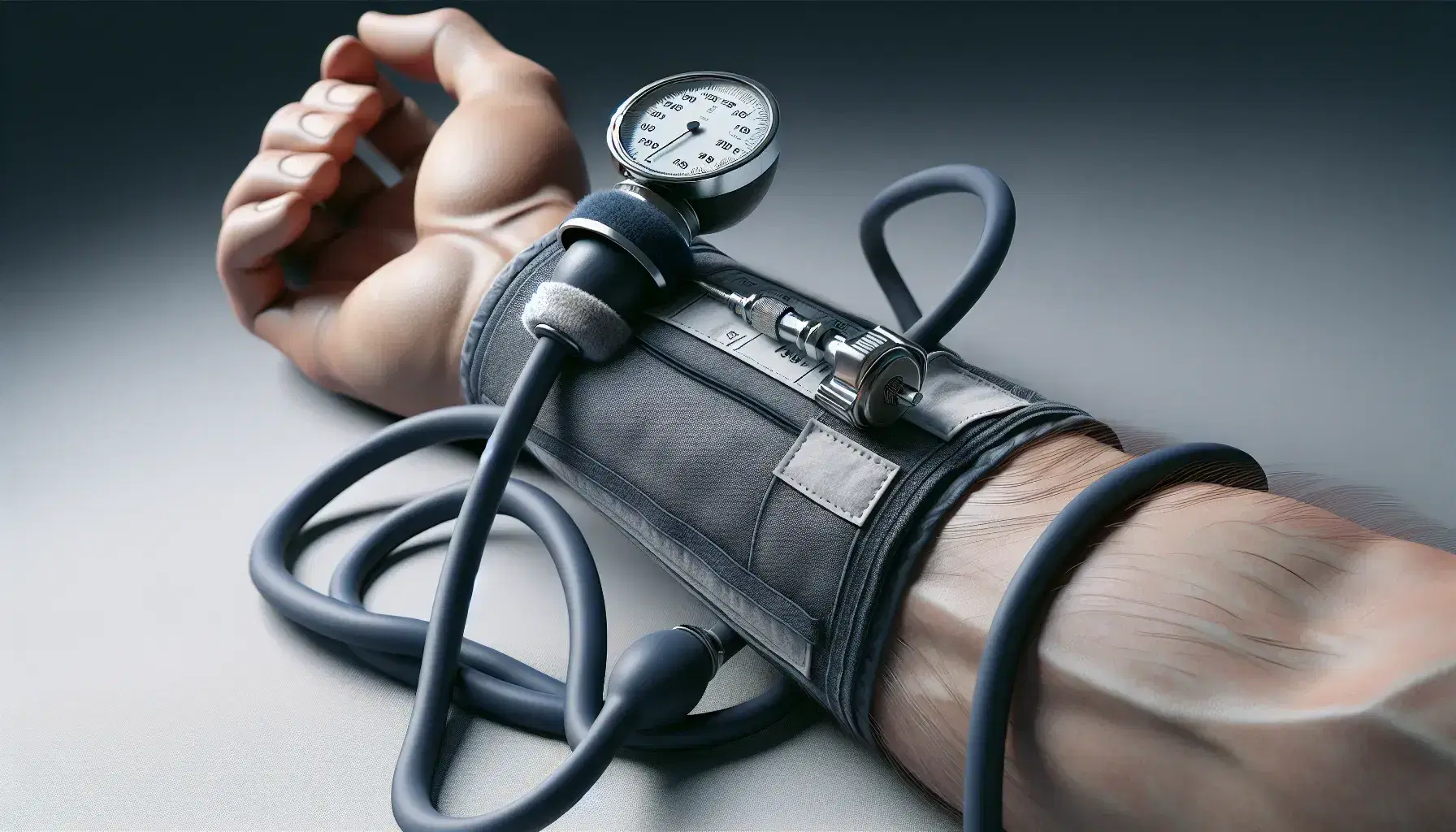 Blood pressure measurement with sphygmomanometer wrapped on adult arm, blurred clinical background, navy blue and metallic gray tone.