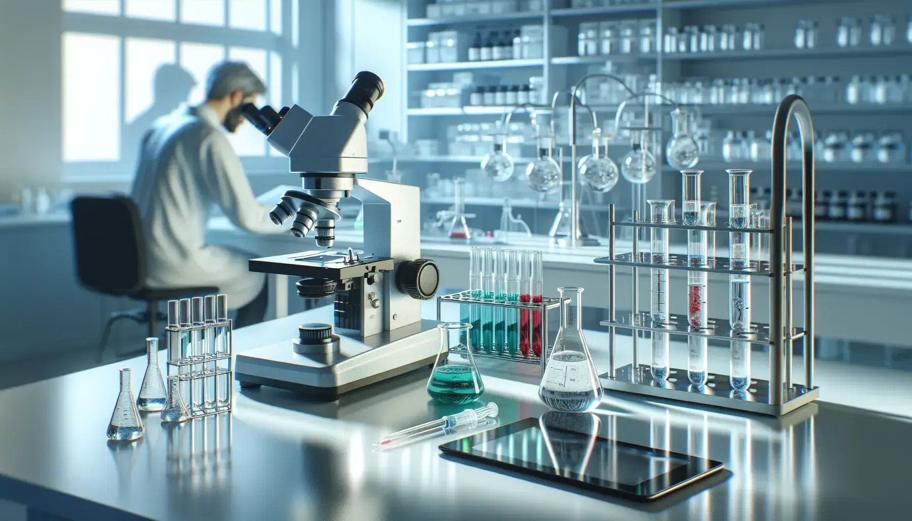 Laboratorio científico con microscopio plateado, tubos de ensayo con líquidos de colores y un investigador anotando datos en una tableta digital.