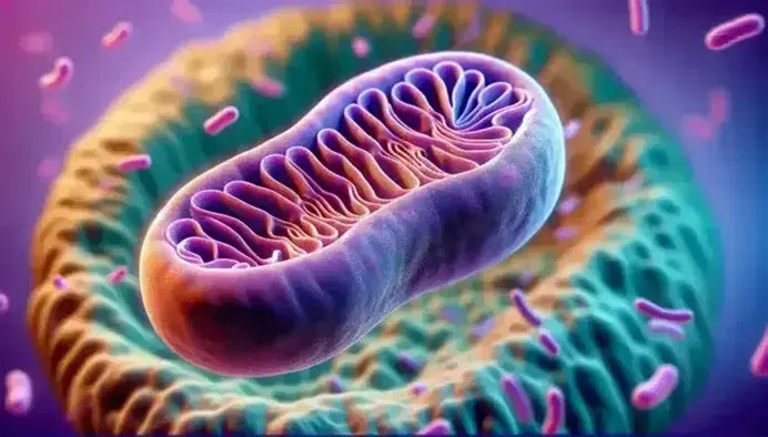 Close-up of a mitochondrion colored in shades of purple and pink with highlighted membranes and cristae, on a blurred blue-green background.