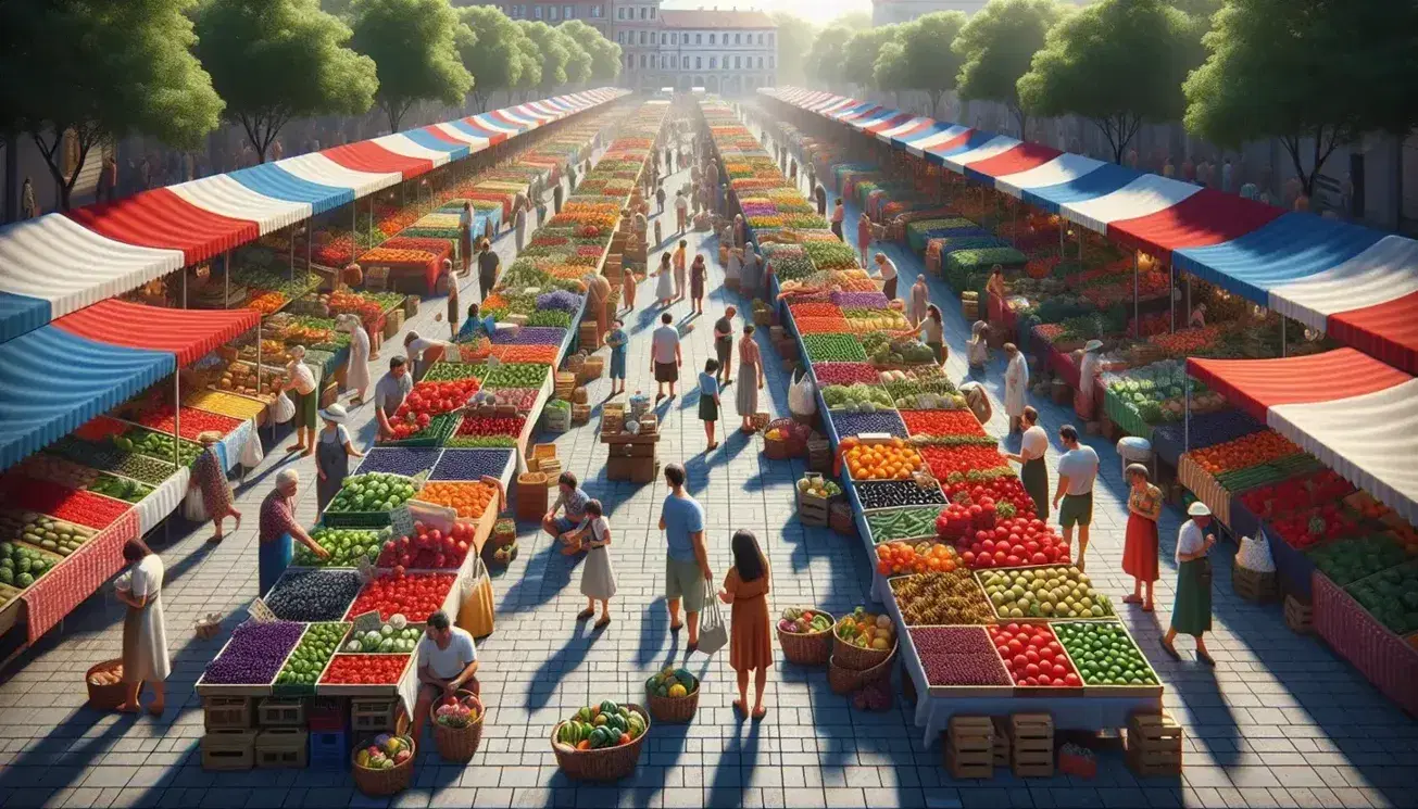 Vista aérea de mercado al aire libre con puestos coloridos de frutas y verduras frescas, personas comprando y cielo azul despejado.