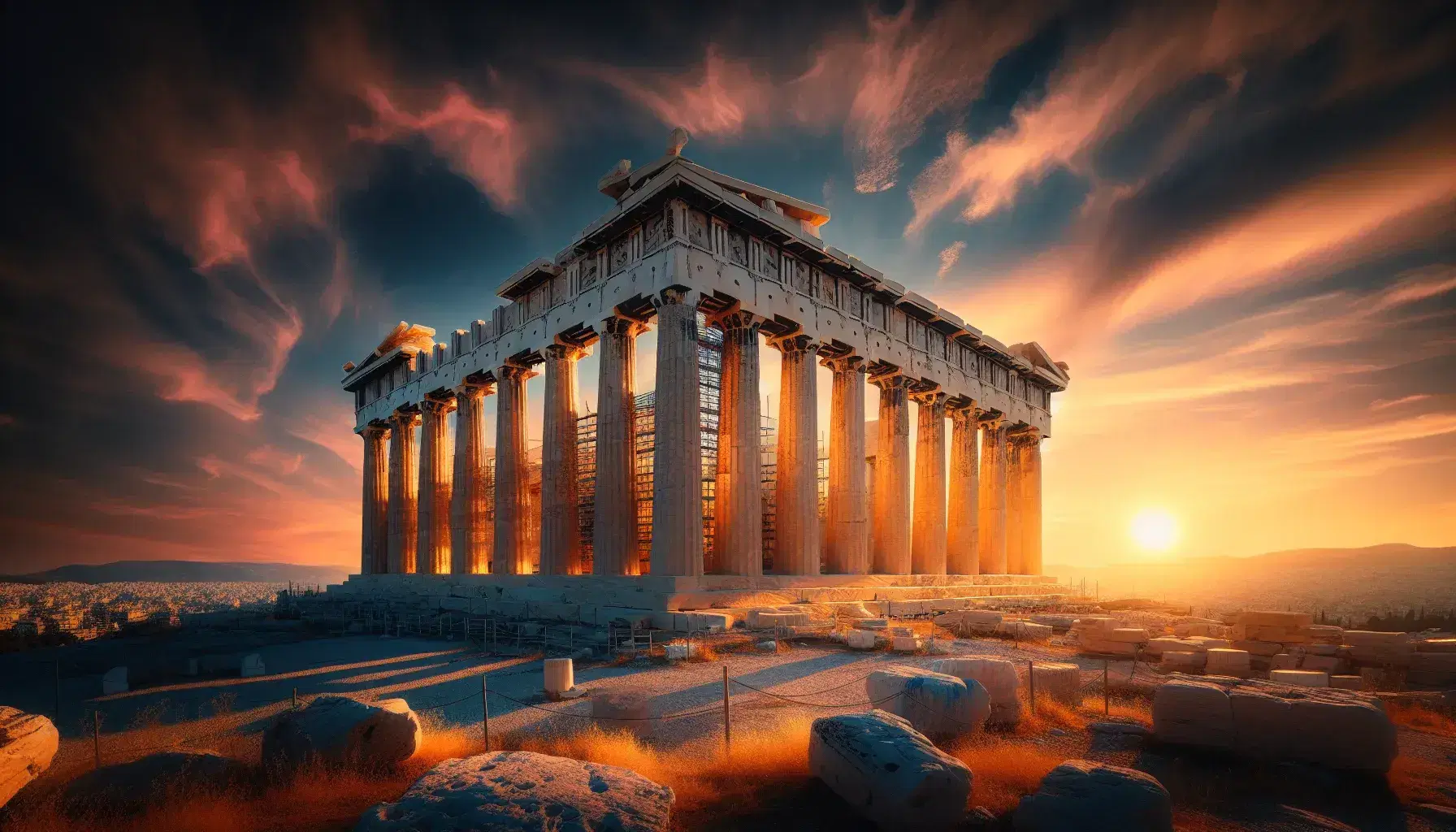 Il Partenone di Atene si staglia al tramonto, con colonne doriche e riflessi caldi su marmo bianco, sotto un cielo sfumato blu-arancio.