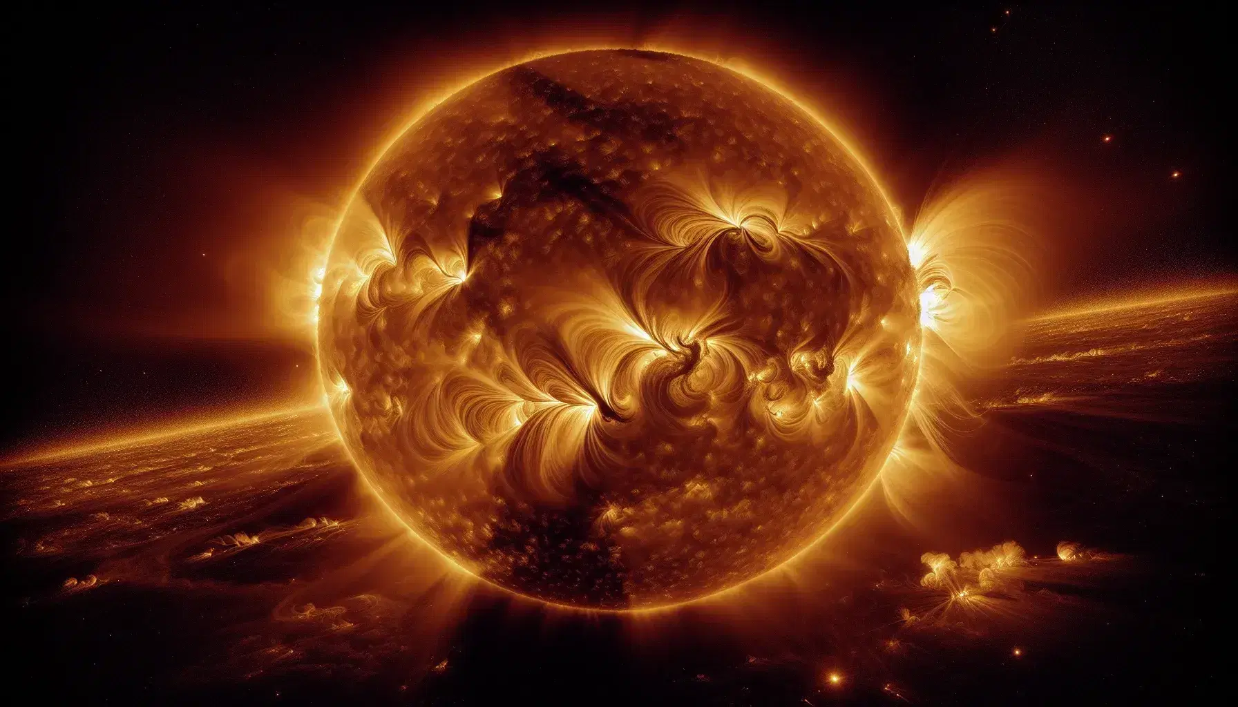 Sole radiante al centro con superficie turbolenta, macchie solari, prominente plasma e stelle lontane su sfondo nero cosmico.