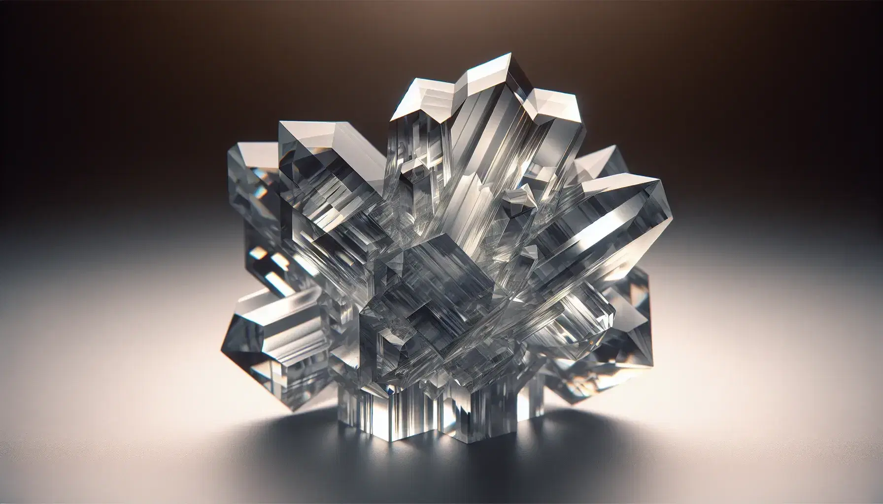 High resolution photograph of a colorless, geometric crystal on a blurred background, with bright reflections and subtle shadows.