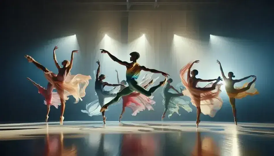 Bailarín masculino ejecutando un gran jeté rodeado de bailarinas con vestidos de gasa pastel en un escenario iluminado con luces de colores suaves.