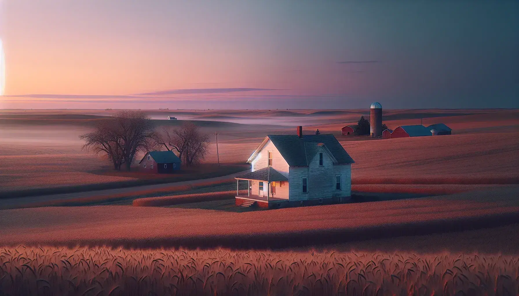 Rural Kansas dawn with a white farmhouse amid golden wheat fields, a distant red barn, and a silo, under a gradient sky with a misty chill.