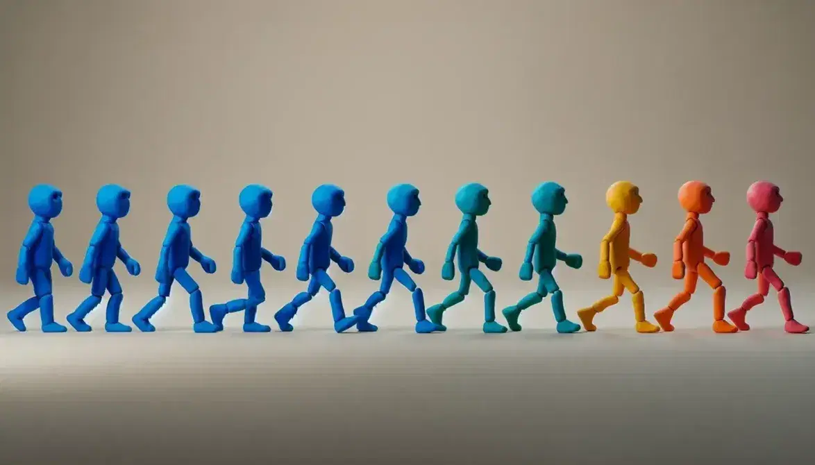 Secuencia de figuras de arcilla de colores mostrando movimiento progresivo desde una postura estática hasta un salto dinámico, con expresiones faciales simples.