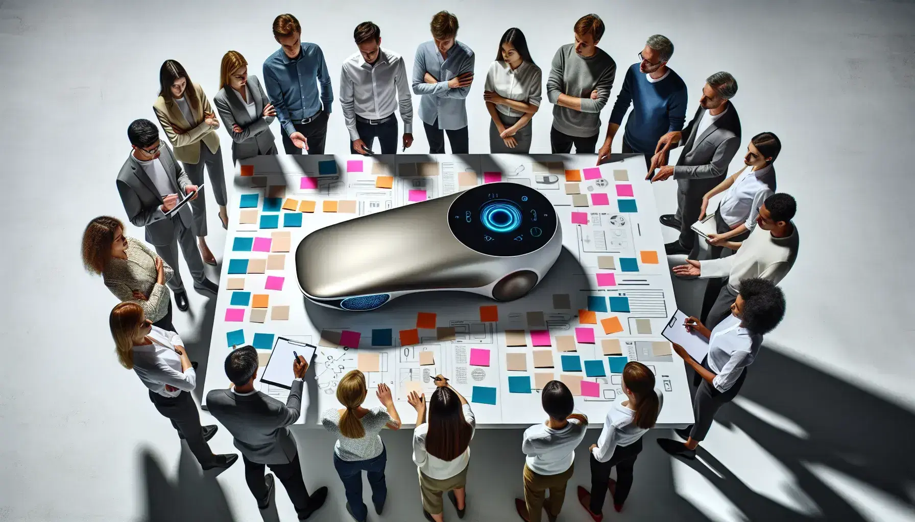 Grupo diverso de profesionales discutiendo un prototipo tecnológico sobre una mesa con papeles de colores y post-its, en un ambiente de trabajo colaborativo.