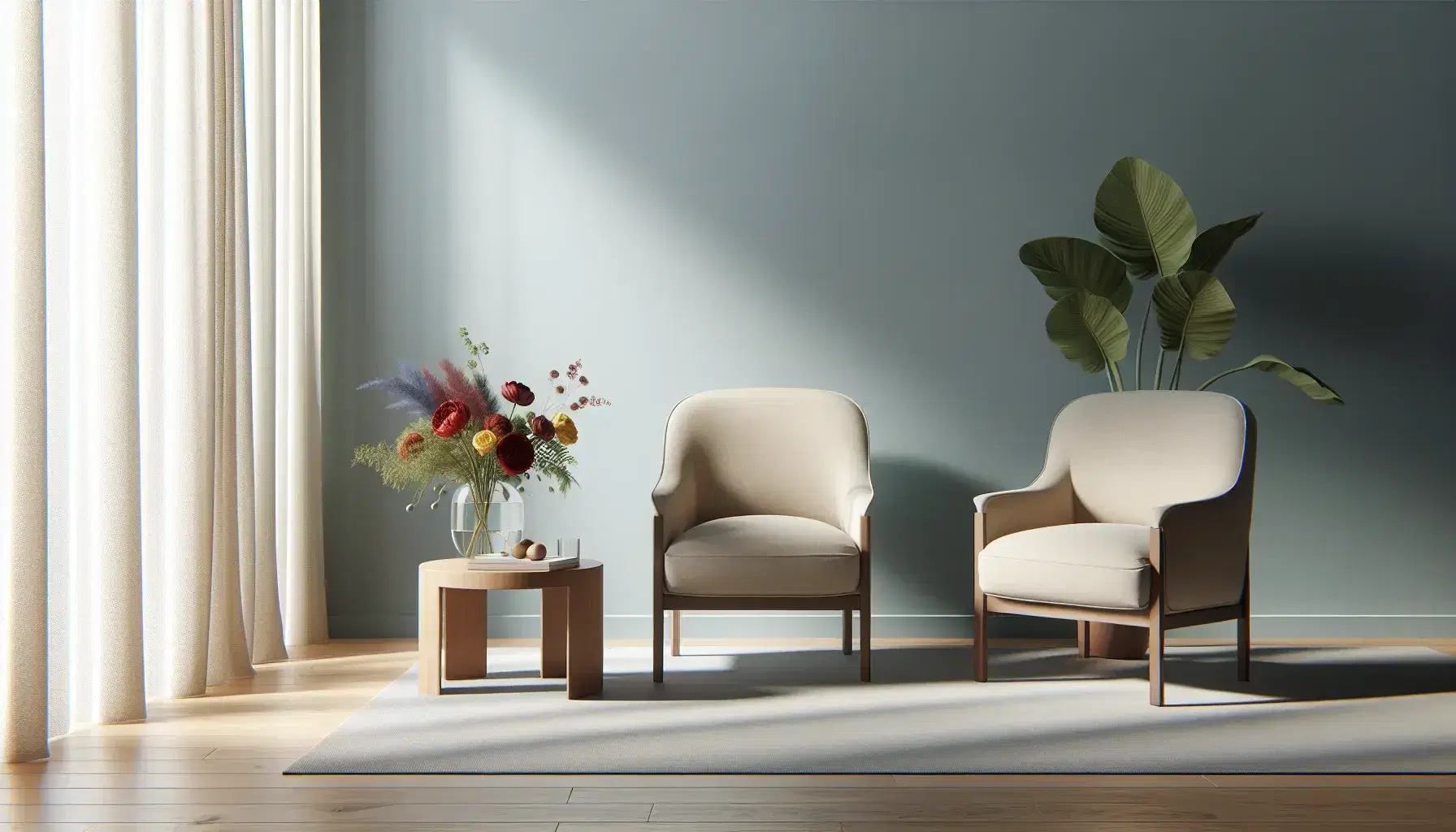 Serene therapeutic office with two beige armchairs facing each other, coffee table with vase of colorful flowers, green plant and white curtains on light blue background.