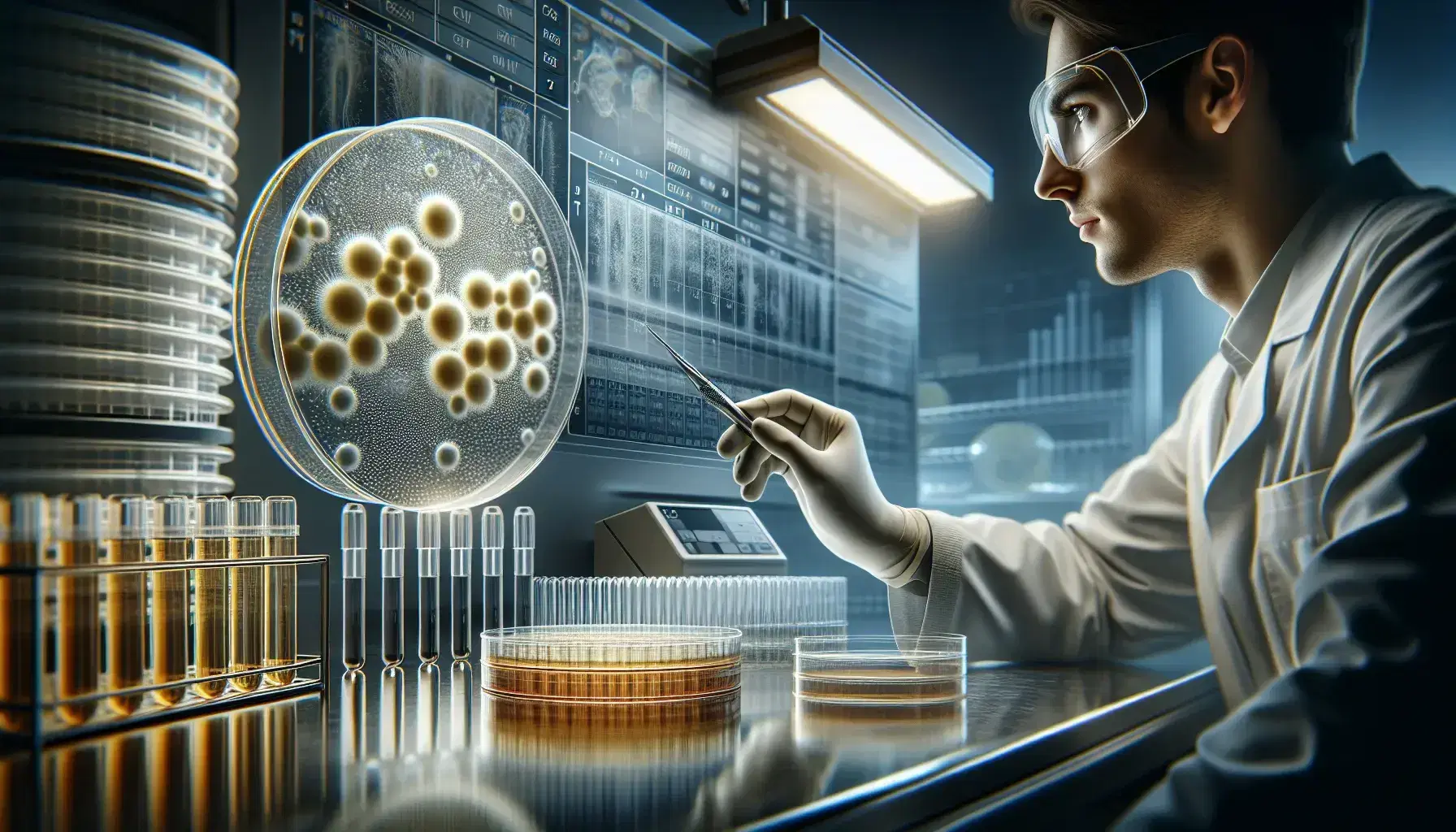Laboratory workbench with petri dish showing bacterial colonies, sterile pipettes, and a scientist examining cultures near a digital incubator.