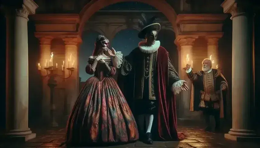 Scena teatrale rinascimentale con uomo mascherato e donna in abito rosso e oro, sotto un cielo stellato tra colonne di marmo.