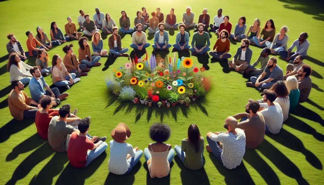 Grupo diverso de personas de distintas edades y etnias sentadas en círculo sobre césped verde, rodeadas de flores coloridas, bajo un cielo azul claro.