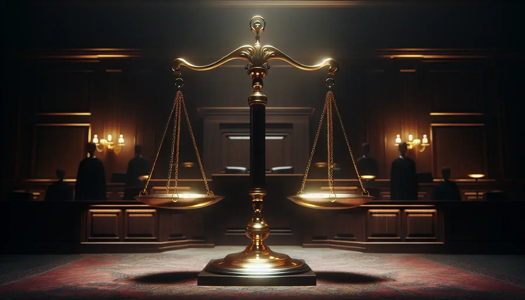 Balanced brass scales of justice in a courtroom with dark wood panels, red carpet, a judge in a black robe, and a figure in plain clothes.