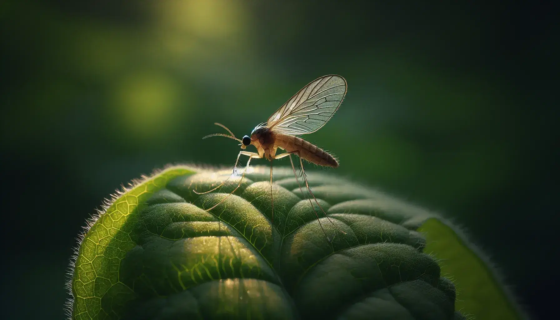 Primer plano de un flebotomíneo, vector de leishmaniasis, posado en hoja verde, con cuerpo marrón claro y alas translúcidas, en entorno natural iluminado.