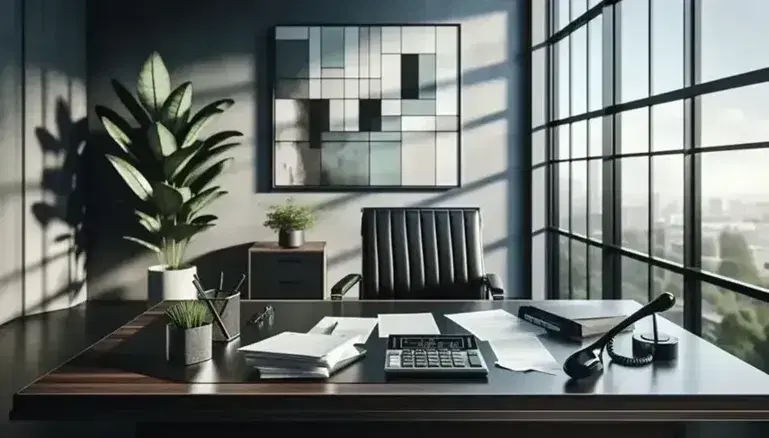 Oficina moderna iluminada con escritorio de madera oscura, calculadora negra, papeles desordenados, teléfono, silla ejecutiva y planta interior.