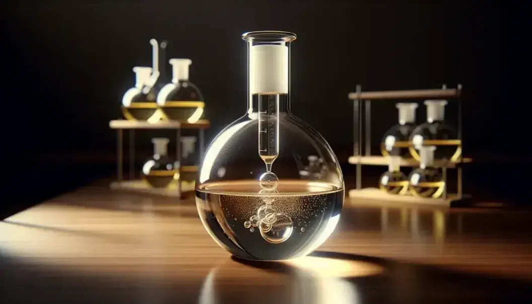 Glass flask on wooden laboratory bench with slightly yellow liquid and bubbles, stirring rod on the left, bottles in the background.