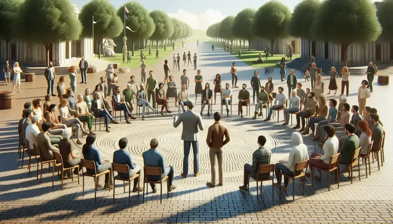 Grupo diverso en diálogo al aire libre en un parque histórico, con un hombre en el centro hablando y personas atentas en semicírculo.