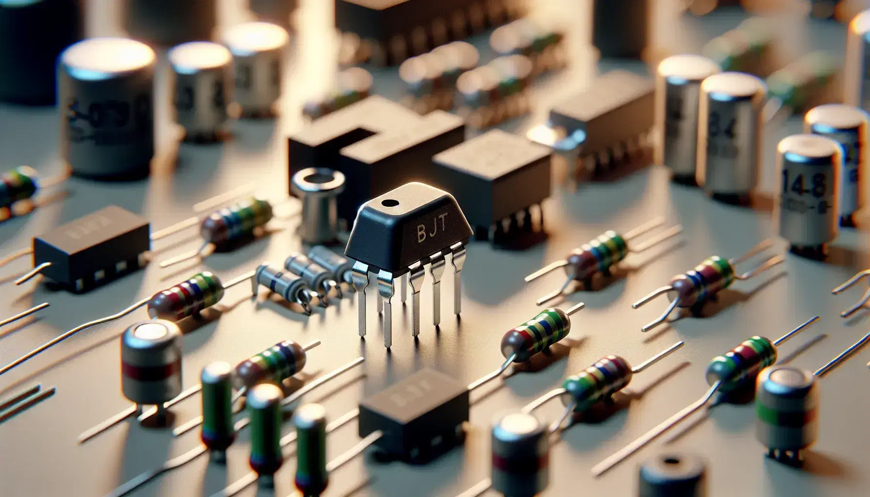 Transistor BJT con cuerpo plástico negro y tres patas metálicas junto a un FET gris, rodeados de resistencias y capacitores en superficie clara.