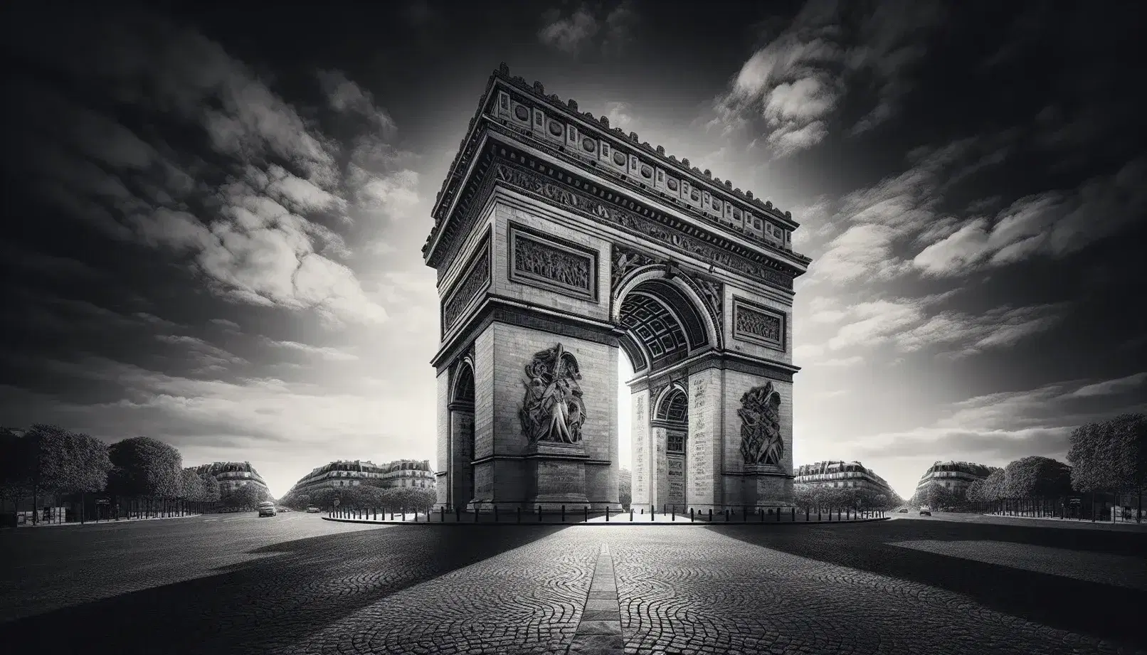 Black and white photo capturing the Arc de Triomphe's detailed sculptures against a clear sky, with shadows accentuating its three-dimensional architecture.