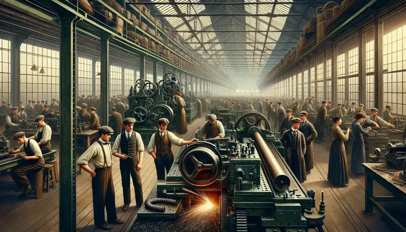 Early 20th-century factory floor with workers operating machinery, including lathes and inspecting shell casings, during World War I.